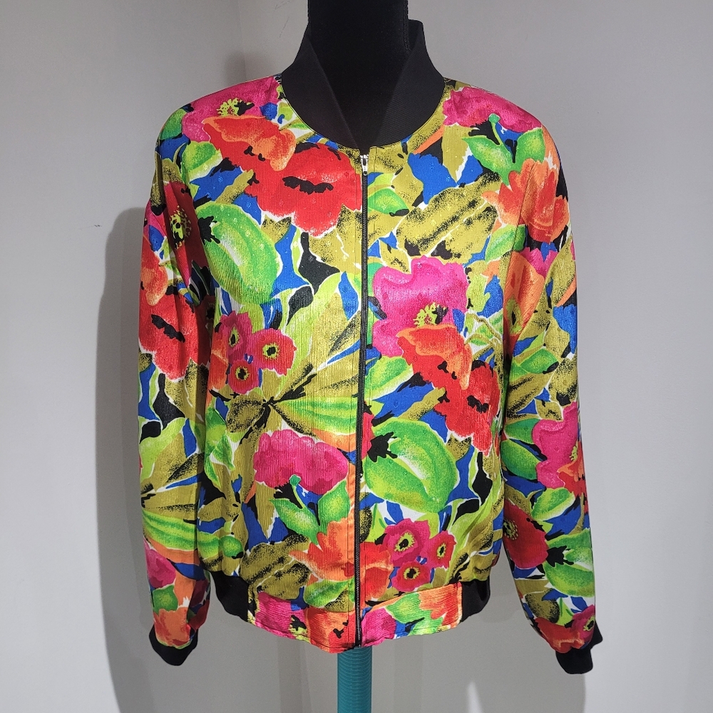 Alia Women's Vintage 80's Vibrant Neon Floral Multicolor Bomber Jacket Large
